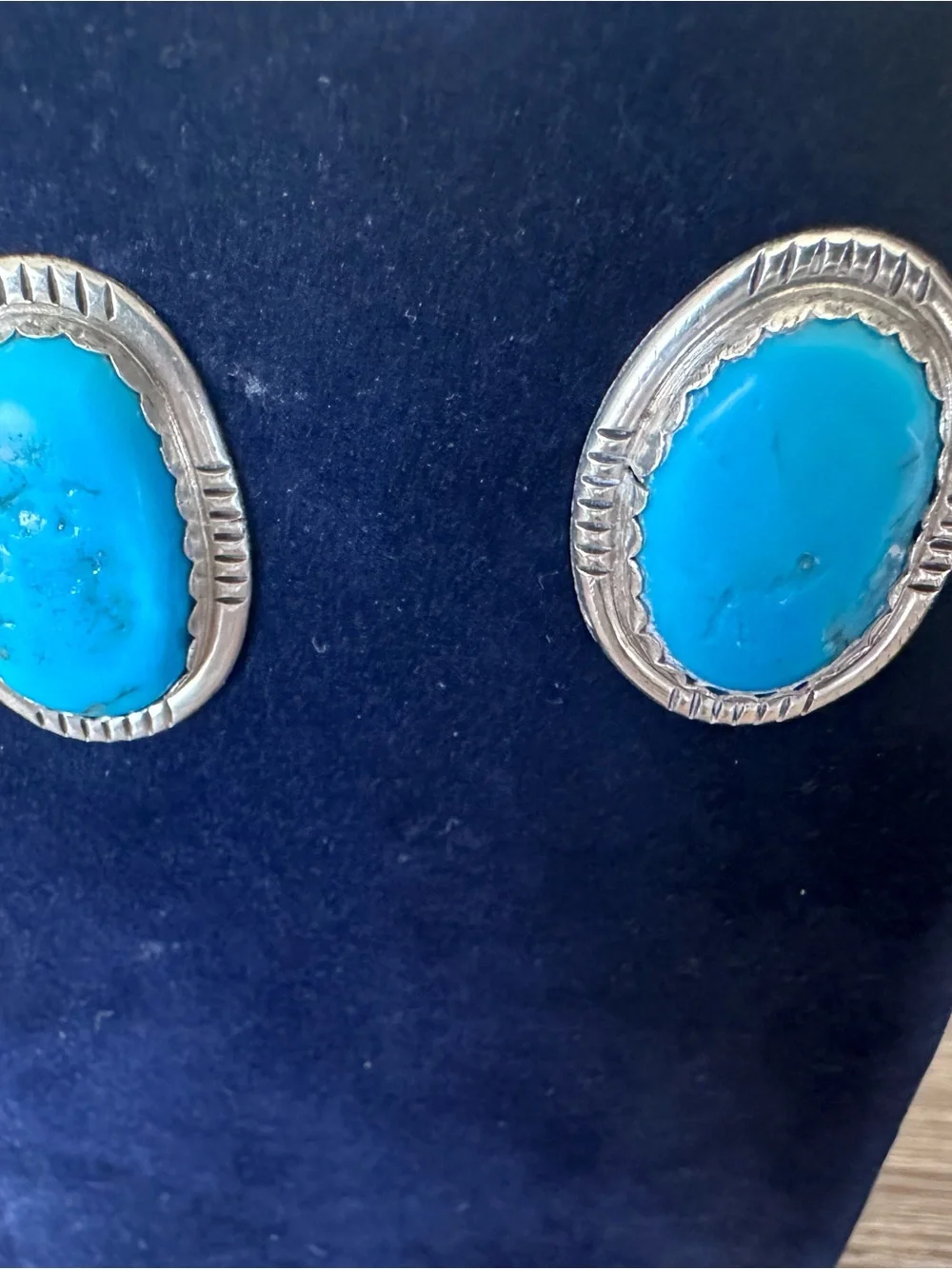 Vintage Navajo Sterling Silver Large Turquoise Oval Cabochons Stud Earrings